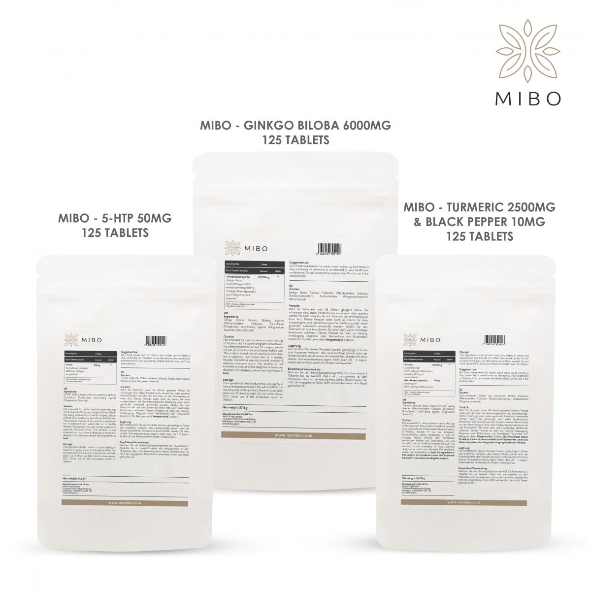 MiBo Boost Bundle - 5-HTP 50mg + Ginkgo Biloba 6000mg + Turmeric 2500mg & Black Pepper 10mg