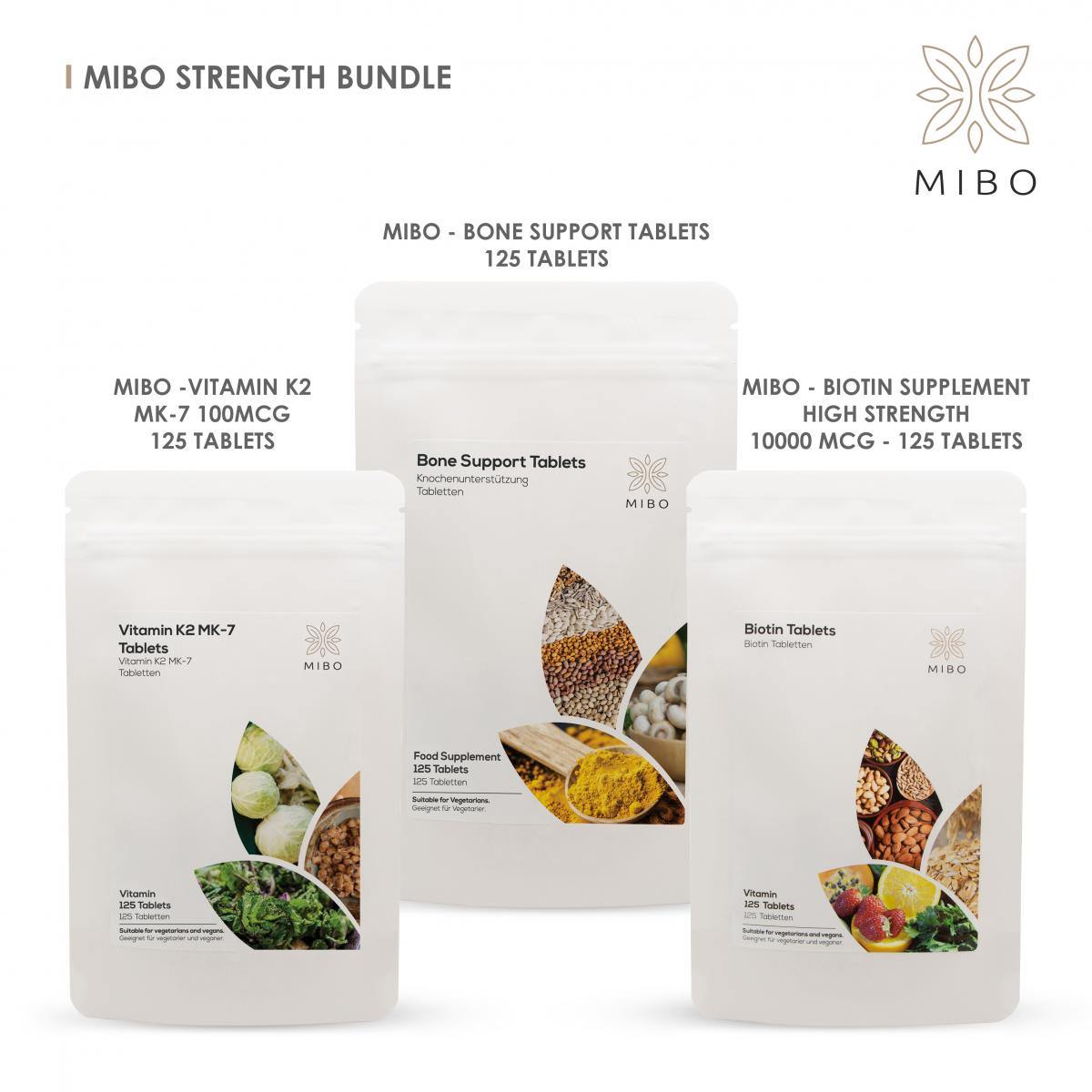 MiBo Strength Bundle - Vitamin K2 MK-7 100mcg + Magnesium Calcium Vitamin D3 K2 and Turmeric + Biotin 10000 mcg