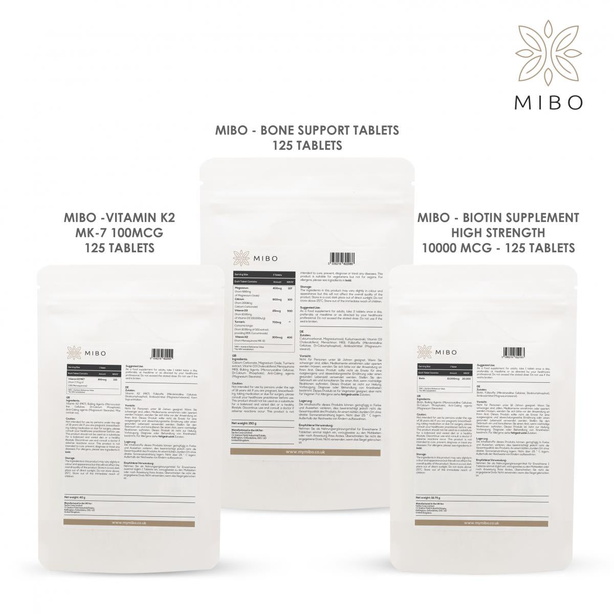 MiBo Strength Bundle - Vitamin K2 MK-7 100mcg + Magnesium Calcium Vitamin D3 K2 and Turmeric + Biotin 10000 mcg