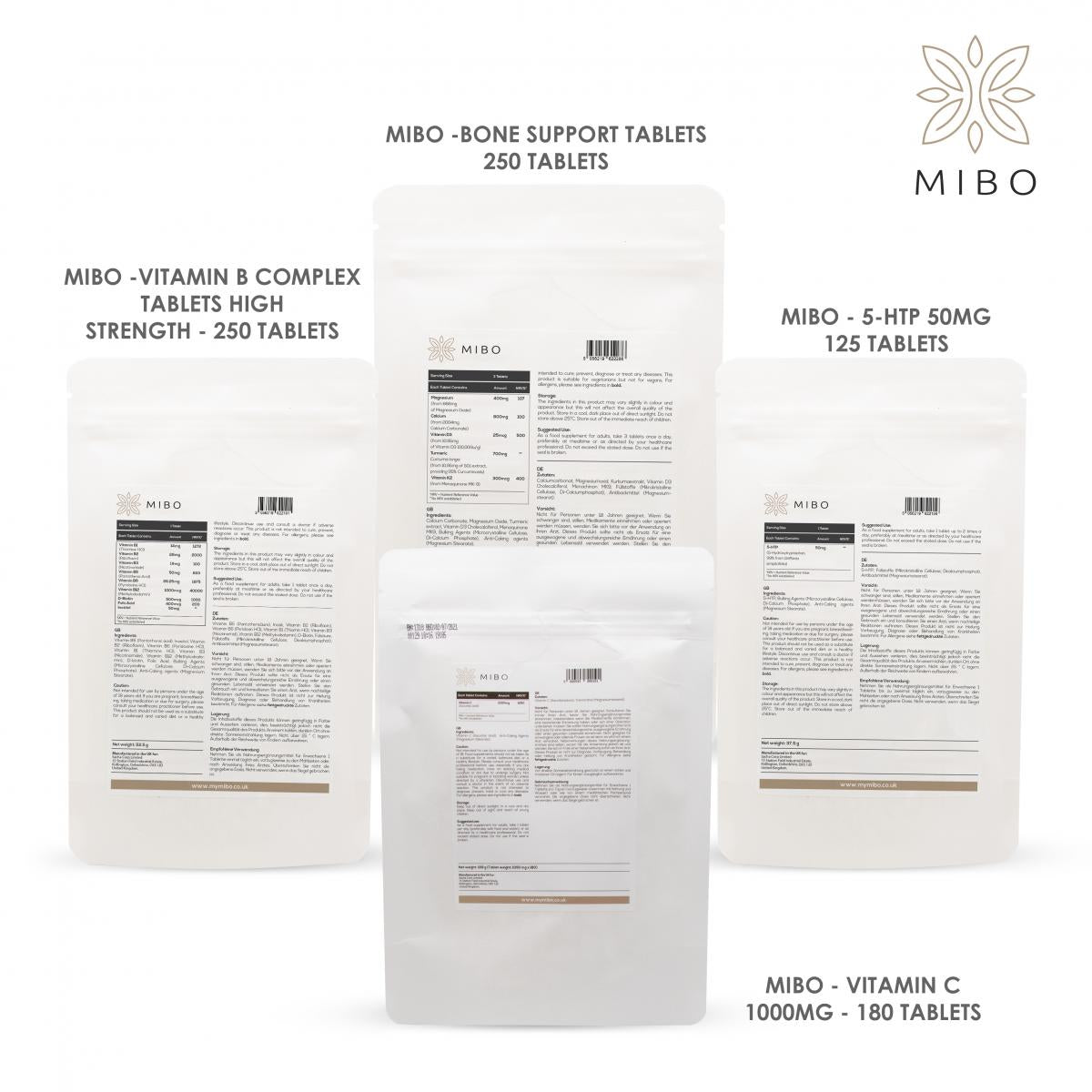 MiBo All Around Bundle - Vitamin B Complex + Magnesium Calcium Vitamin D3 K2 and Turmeric + Vitamin C 1000mg + 5-HTP 50mg