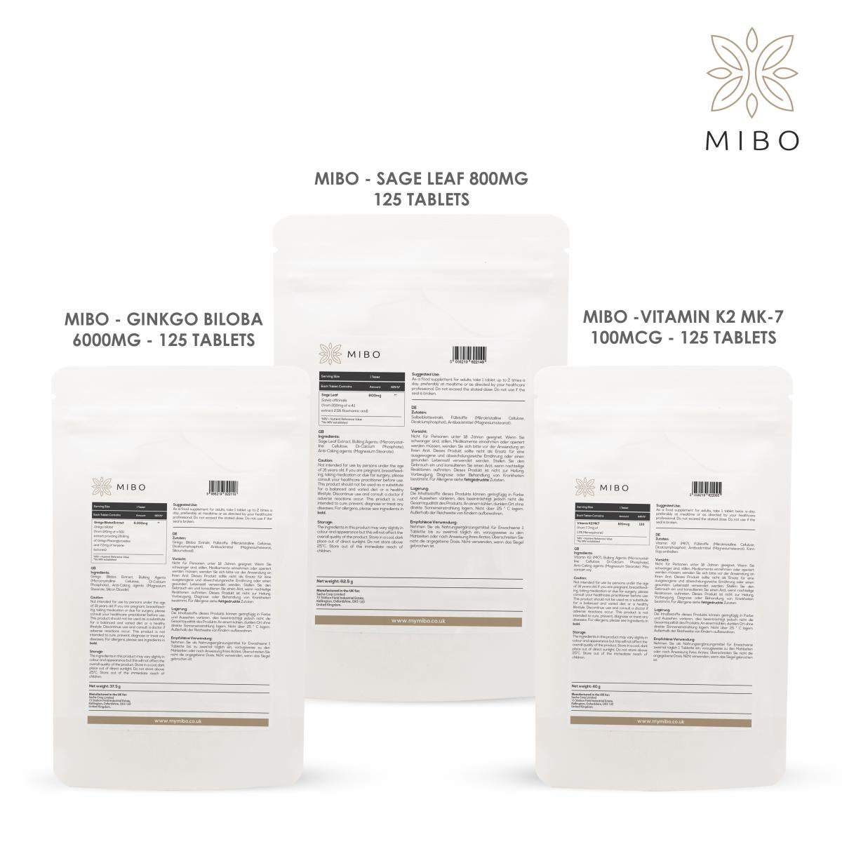 MiBo HeartnBrain Bundle - Ginkgo Biloba 6000mg + Sage Leaf 800mg + Vitamin K2 MK-7 100mcg