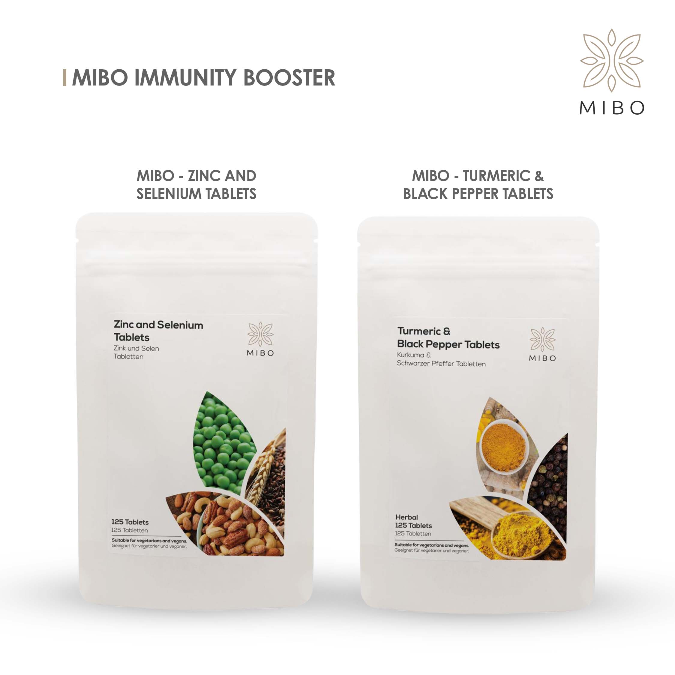 MiBo Immune Booster - Immune System Support & Recovery Supplement - 125 Tablets - Zinc 15mg, Selenium 200mcg, Turmeric 2500mg & Black Pepper 10mg - Vegan Supplement for Men Women