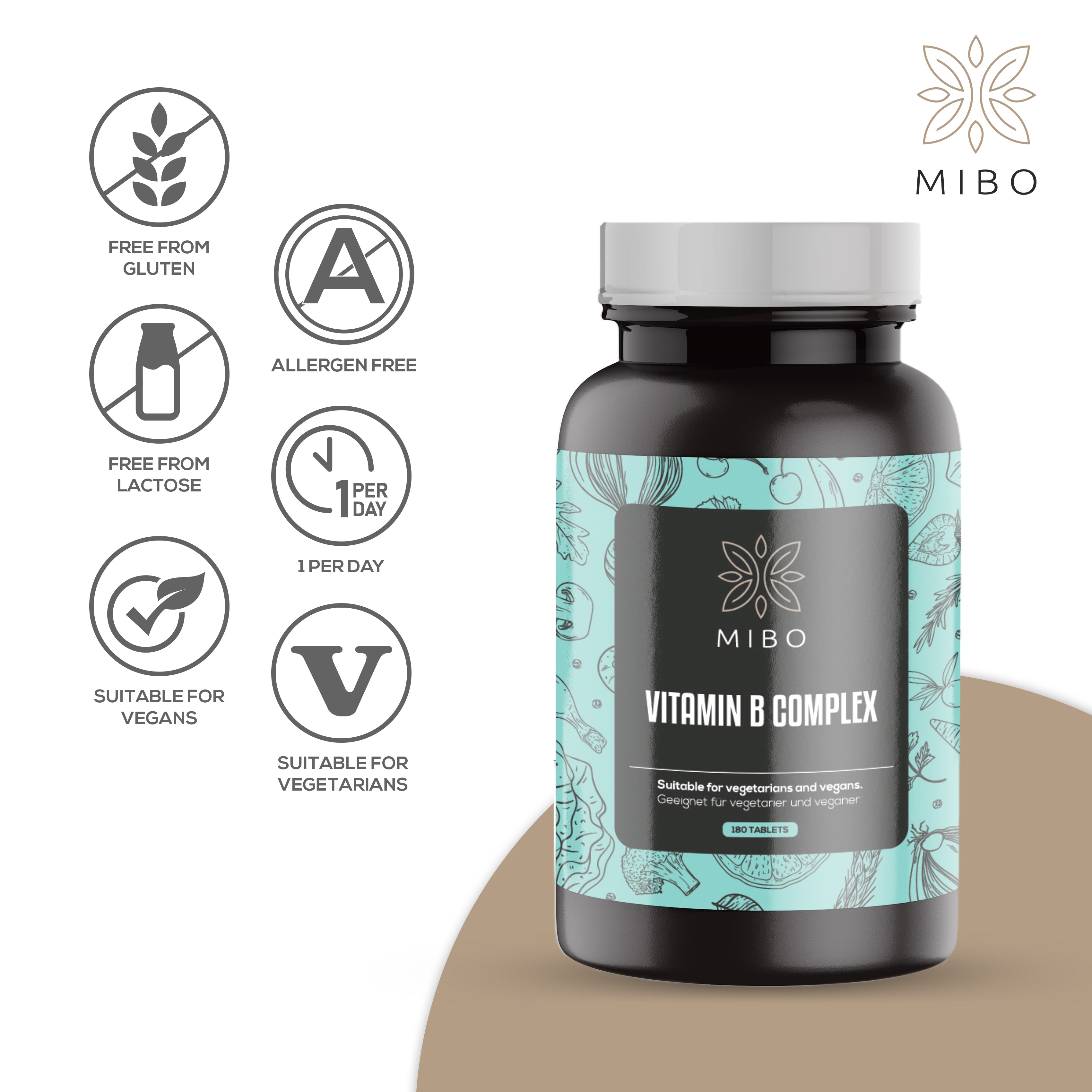 MiBo Daily Supplement, 180 Vegan Tablets, Vitamin B Complex, Bio Cultures, Magnesium